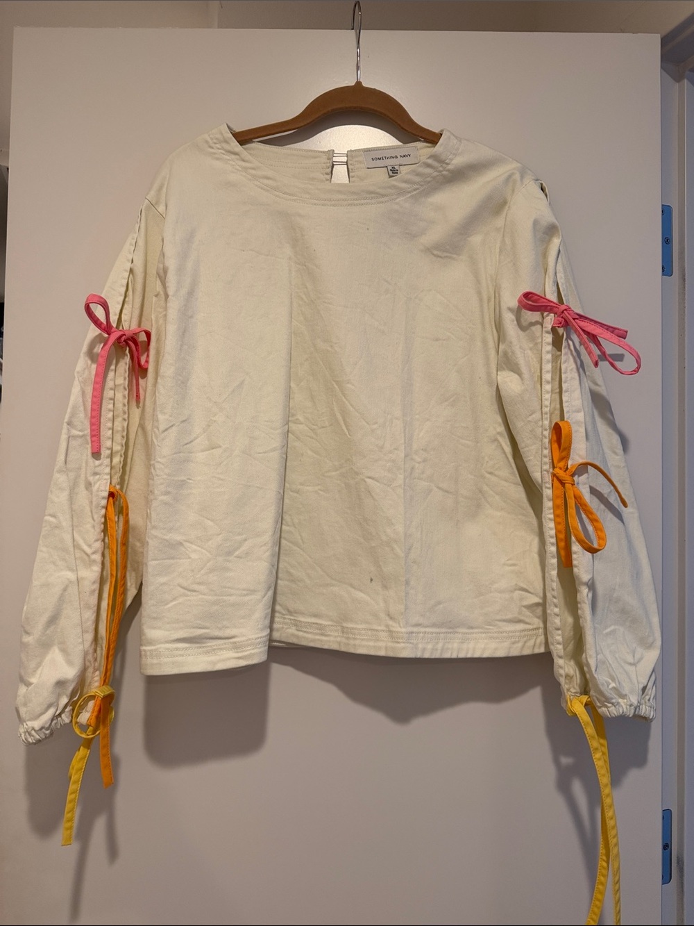 Something Navy Cream Long-Sleeve Top with Pink & Orange Sleeve Ties